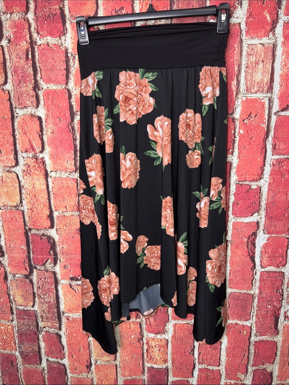 AGB Floral High Low Midi Skirt Women’s Medium Black Peach Rose Stretch Pull On
